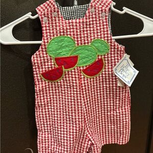 The Bailey Boys Red Gingham Baby Romper with Watermelon Appliqués
